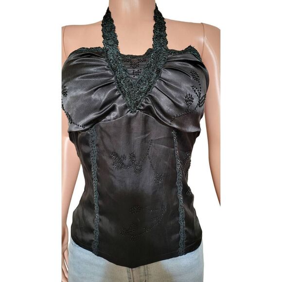 Timing black halter embroidery silk blouse L - Picture 5 of 8